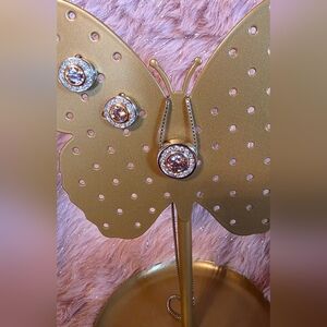 Vintage Silver Gold Tone Crystal Halo Pendant Necklace Earrings Set